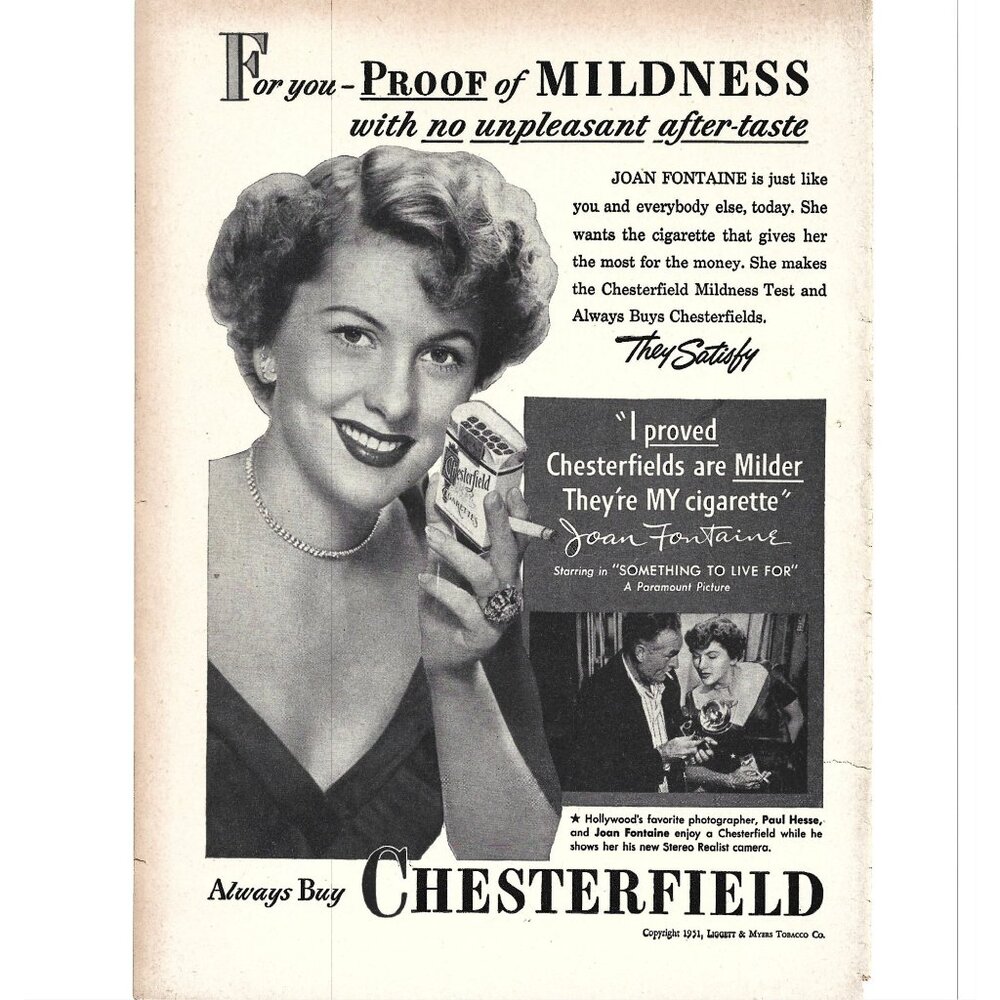 Joan Fontaine Actress Chesterfield Cigarette ADVERT 1950s Vintage Print Ad TEAR